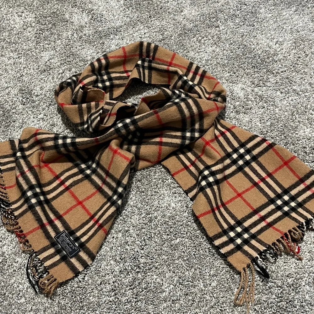 Vintage Burberrys Cashmere Plaid Scarf Tan Black Red - Picture 2 of 6